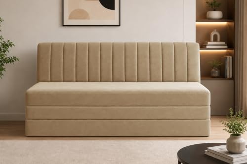 Image of 3-Seater Velvet Sofa Cum Bed | Convertible Sleeper Sofa | Modern Foldable Couch for Living Room, Bedroom & Office | Golden