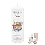 wunderwunsch Personalisierte Taufkerze mit Spezial-Druck (M, L, XL) - ohne Ruß-Bildung - mit Holzkiste oder Untersetzer - Geburt, Taufe, Kerze mit Name (Taufe Arche)