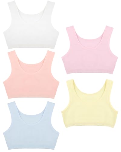 La mejor selección de Ropa interior deportiva para Niña los 5 mejores. 42 Donella - Sujetadores de entrenamiento para niñas, brasier deportivo de algodón suave, paquete de 5 camisetas cortas, Colores brillantes, 8-9 Años