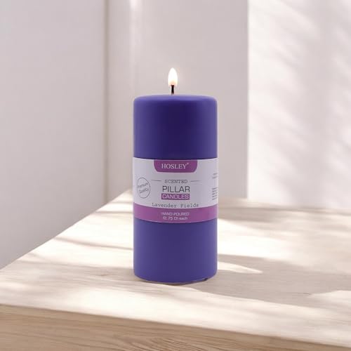 Image of HOSLEY 6 Inch Long Lavender Fields Fragrance Purple Pillar Candles| Soy & Paraffin Wax Candles for Home Decor, Party, Wedding, Gifting|90 Hours Burn Time|2.75 Inch Diameter(Pack of 1)
