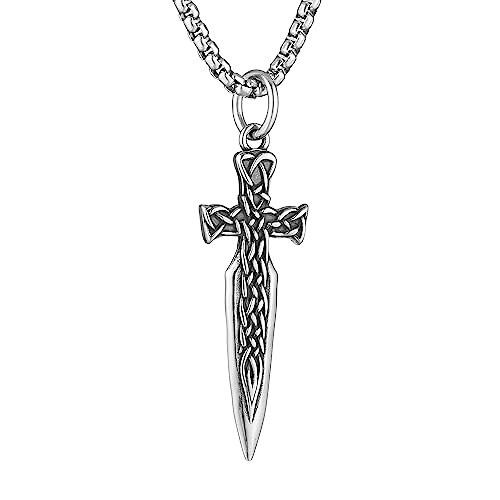 HZMAN Sword Necklace for Men Stainless Steel Gothic Retro Celtic Knot Knight Sword Pendant with 24 Inches Chain
