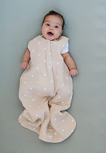 Image of Little Unicorn 6-12 Month Premium Muslin Sleep Sack 1.1 TOG | Soft & Breathable Muslin Cotton for safer sleep | 2 way zipper (Taupe Cross)