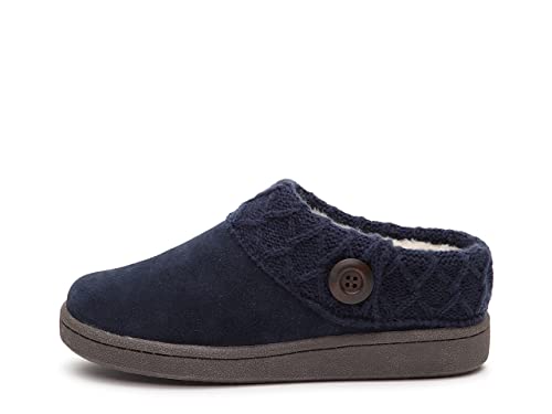 Clarks Womens Suede Leather Comfort Clog Knitted Collar Slipper - Plush Faux Fur Trim - Indoor Outdoor House Slippers For Women (Navy/Beige 8M)