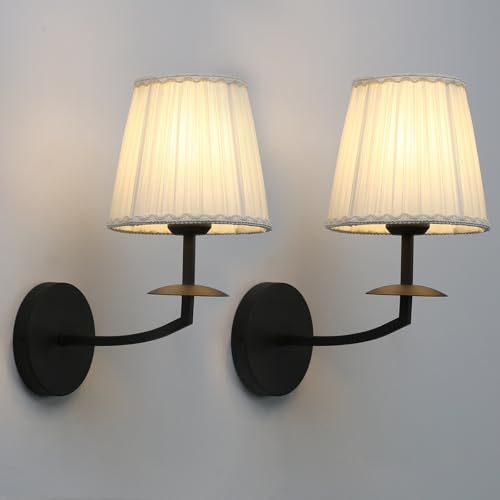 Image of Yosoan Retro Boho Beige-White Gauze Fabric Shade Wall Sconce Set of 2, Vanity Vintage Industrial Black Indoor Hardwired Champagne Bronze Flared Fabric Shade for Bedroom Hallway Living Room