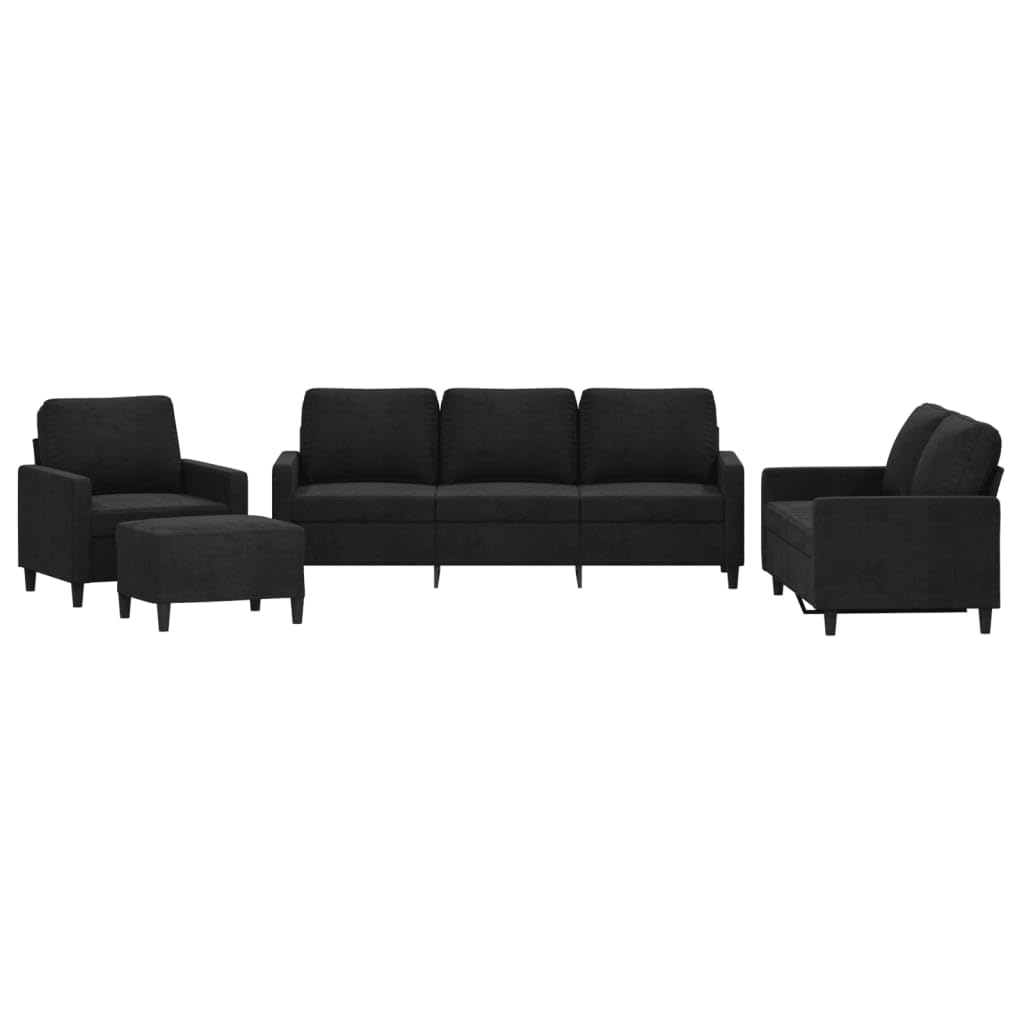Juego de 4 sofás de terciopelo negro de 198 x 77 cm con taburete, diseño moderno, construcción robusta de madera contrachapada de metal, acolchado cómodo, para salón, dormitorio, oficina