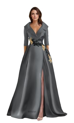 Satin Long Sleeve Prom Dress Appliques Formal Evening Dress V Neck Mother of The Bride Dress with Pockets