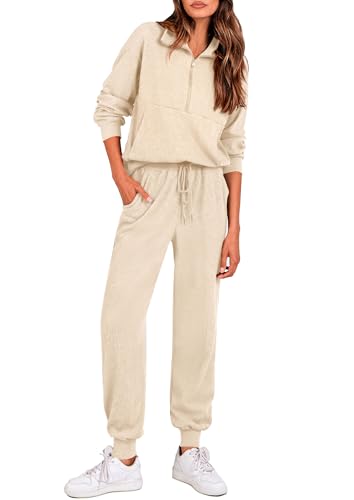 Image of PRETTYGARDEN Women 2 Piece Ribbed Knit Matching Lounge Sets | Comfy Sweat Track Suits, Athleisure Casual Outfit, Half Zip Sweatshirt & Jogger Pants, Fall Winter Clothes for Airport Travel