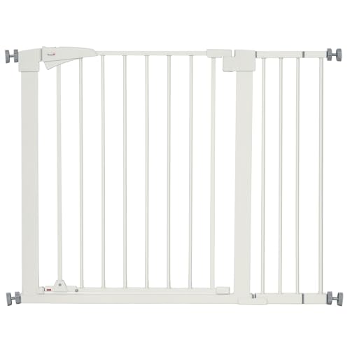 PawHut Cancelletto di Sicurezza per Cani Taglia Piccola e Media con Doppia Serratura Girevole e Chiusura Automatica, Cancello per Cani in Acciaio e ABS, 76-103x4.2x77 cm, Bianco
