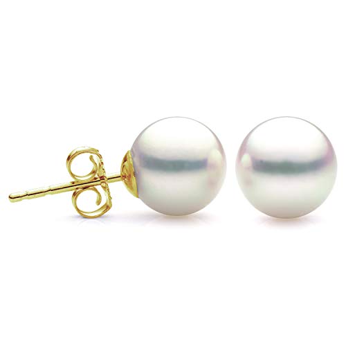14K Gold 8-8.5mm White Akoya Saltwater Cultured Pearl Stud Earrings, AAAA Quality