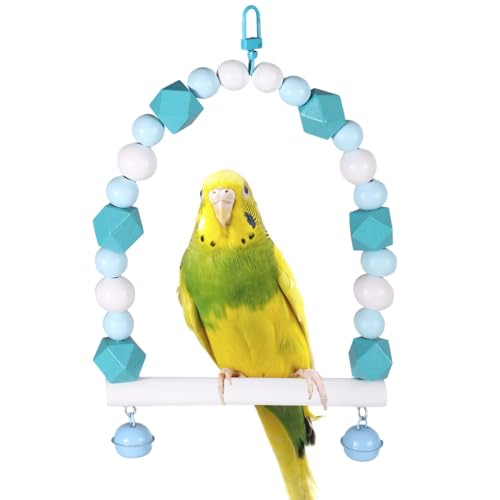 Bird Swing, Macaron-Colored Suspending Parrot Toy with Metal Buckle and Bells, Wooden Bird Hanging Cage Stands for Budgerigar, Parakeet, Conure, Cockatiel, Mynah