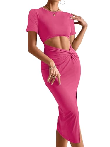 Image of Rooscier Women's Twist Cutout Waist Split Crewneck Short Sleeve Bodycon Midi Dress
