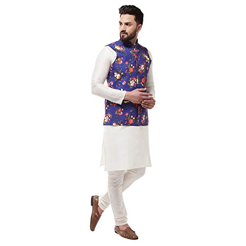 Image of SOJANYA (Since 1958, Men's Silk Blend Pink Kurta Pyjama & Printed Nehrujacket Combo