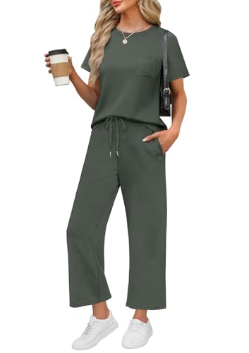 Image of WIHOLL 2 Piece Sets for Women Casual Summer Travel Vacation Outfits Short Sleeve Wide Leg Crop Pants Lounge Sets