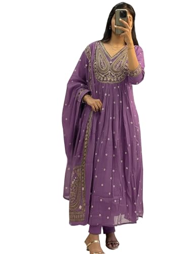 Image of ANNI Designer Women's Rayon Viscose Printed Embroidered Anarkali Kurta with Pant & Dupatta | Ethnic Kurti Set with Embroidery | Soft Comfortable Fabric | Stylish Outfit for Festive, Office