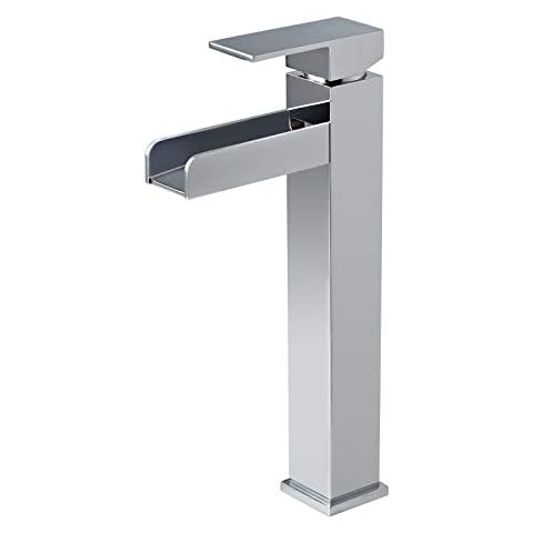 Homary Modern Commercial Style Polished Chrome Vessel Sink Faucet Single Lever Handle Single Hole Waterfall Spout Open Channel with Pop Up Drain cUPC Certified Solid Brass Cover