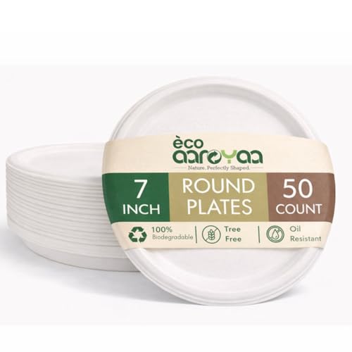 Image of Eco Aaroyaa Round Bagasse 7-Inch Disposable Plates - Eco-Friendly Disposable Plate for Food - Biodegradable Use and Throw Plates - Strong and Sturdy, Oil & Water Resistant (Pack of 50)
