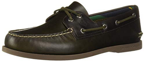 Sperry Mens A/O 2-Eye Plush Varsity Boat Shoe, Olive/Brown, 13