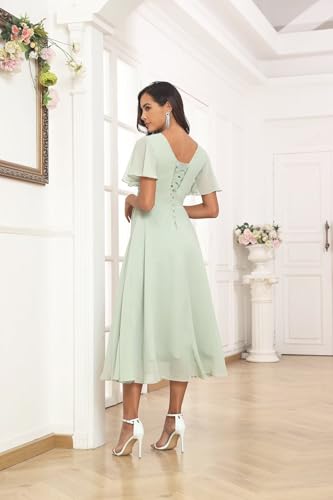 V-Neck Chiffon Bridesmaid Dresses with Pleats A-line Formal Prom Dress Tea Length with Pockets4