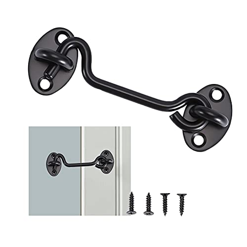 Black Cabin Hook and Eye Latch - Stainless Steel Gate Hook Lock with Mounting Screws for Shed Gate or Garage Door