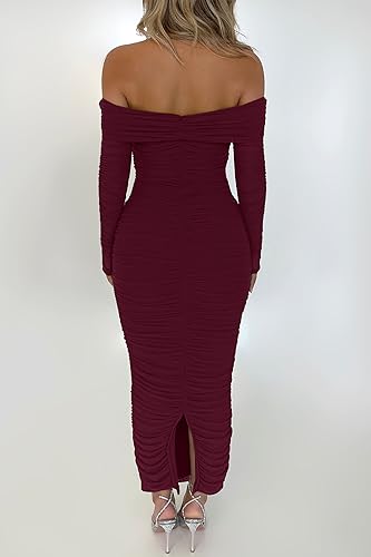 PRETTYGARDEN Women's Fall Off The Shoulder Maxi Dress Spring Long Sleeve Ruched Fitted Bodycon Club Dresses with Slit