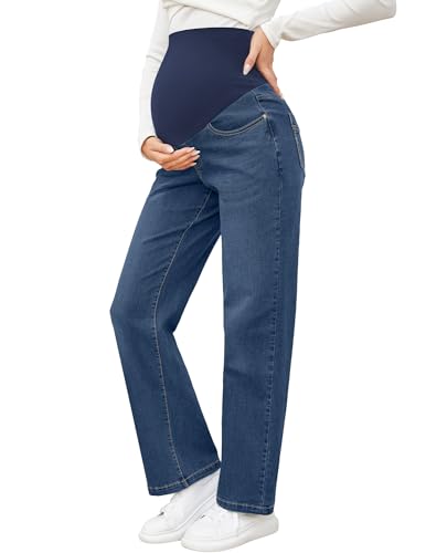 fitglam Women's Maternity Jeans Straight Leg Relaxed Fit Over Belly Pregnancy Denim Work Pants Maternity Clothes with Pockets