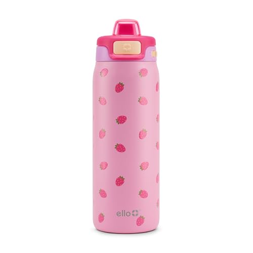 Ello Pop & Fill 18oz Stainless Steel Kids Water Bottle with Quick Fill Lid | Vacuum Insulated BPA Free Bottle with Leak Proof Straw and Chug Lid, Dishwasher Safe, Gift For Kids Teens, Strawberries