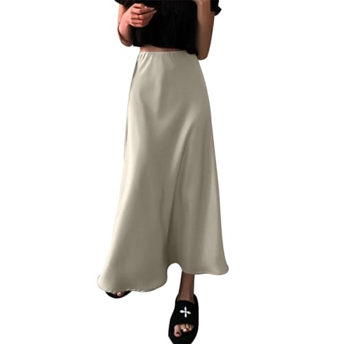 Women's Spring Summer Satin Silk High Waist Ruffle A Line Long Maxi Skirt Tulip Hem Skirts3