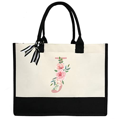 Bolsa feminina de lona com inicial personalizada, bolsa de praia com bolso interno com zíper para casamento, aniversário, praia, férias, J, Large