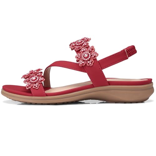 Image of TEMOFON Sandals for Women Flat Dressy Summer Flower Sandals with Ankle Strap Comfortable Casual Walking Flat Sandals Size 5-11