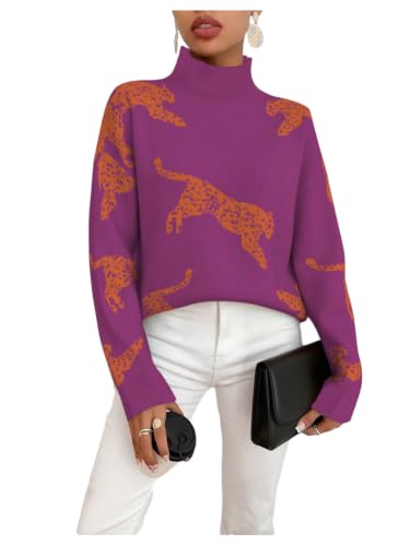 Image of WDIRARA Women's Leopard Tiger Print Sweater High Neck Long Sleeve Fuzzy Knitted Pullover Top