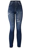 KMystic Women's Denim Print Fake Jeans Leggings (Blue Heart)