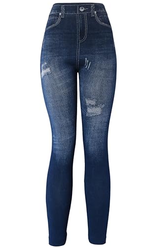 KMystic Women's Denim Print Fake Jeans Leggings (Blue Heart)