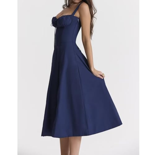 Image of Floral Corset Midi Dress Square Neck A Line Dress with Slit | Square neck floral midi dress with front tie bust wide straps A-line skirt side slit and lightweight fabric
