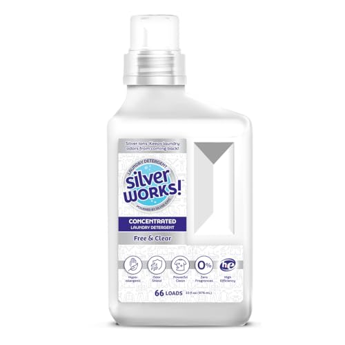 SilverWorks! Potente líquido detergente para ropa que elimina el olor, tecnología desodorante de iones de plata, eliminador de olores para ropa, limpia, desodoriza y protege, 33 onzas líquidas, 66