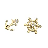 14K Gold Plated Rudder Anchor Stud Earrings for Women Men Asymmetrical Seafarer Navigation Accessories Earrings (Style A)