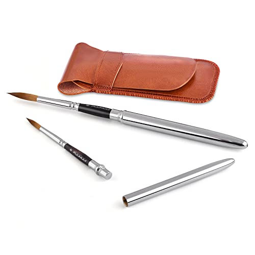 Sable Travel Watercolor Brushes, Fuumuui 4pcs Kolinsky Sable Watercolor Travel Brushes with Leather Pouch - Fine Point Rounds Dagger Flat for Watercolor Gouache Ink Painting
