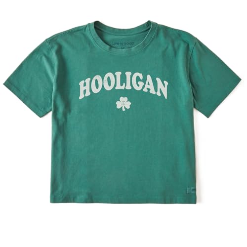 Life is Good Women's Crusher Boxy St. Patrick's Day Tee Shirt, Short Sleeve Cotton Graphic T-Shirts, Hooligan Clover, Spruce Green, M