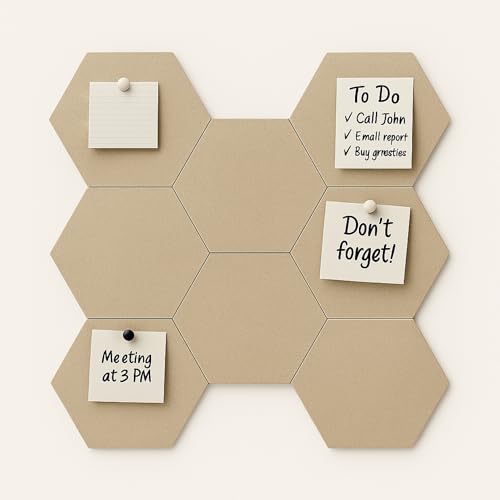 Image of MMT Acoustix PinFelt Hexagon Bulletin Board - Set of 7 12x12 inch Felt Office Pin Board Tiles for Notes Reminders & Work Organisation Self-Adhesive, Pin-Friendly, Acoustic Panels for Wall (Sand)