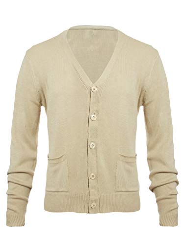 Knit Minded Mens V-Neck Button Up Cardigan Casual Knitted Sweater Classic Flat Knit Design Long Sleeve Knit Top with Two Pockets Taupe 1X