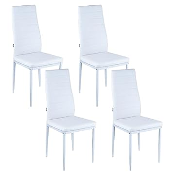 Baroni Home Set di 4 Sedie da Pranzo con Schienale Alto e Seduta Ergonomica con Cuciture Decorative, Sedie Eleganti Imbottite in Ecopelle con Struttura in Acciaio, 40X48X96 cm, Bianco