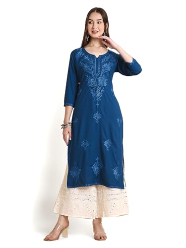 Image of RATAN Rayon Straight Lucknowi Chikankari Ethnic Wear Kurta for Women