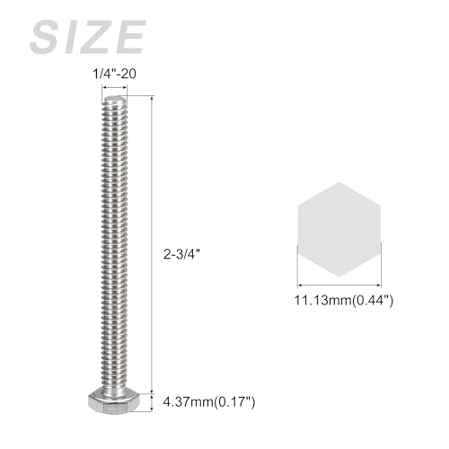 Image of METALLIXITY Hex Head Bolts (1 /4-20 x 2-3 /4 inch) 10Pcs, 304 Stainless Steel 18-8, Fully Threaded, External Hex Drive, Plain Finish, Hex Head Screw Bolt, Silver