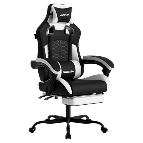 Image of Gaming Chair with Massage,Ergonomic PC Gaming Chair with Footrest Comfortable Headrest and Lumbar Support,High Back PVC Leather,300LBS (Black White)