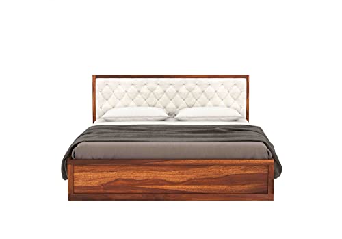 Image of Luxury Upholstered Queen Size Bed with Storage | Soft Fabric Padded Quilted Headboard | Strong Sheesham Wood Frame | Modern Wooden Bed for Bedroom Home & Hotel (Honey Finish, Queen)