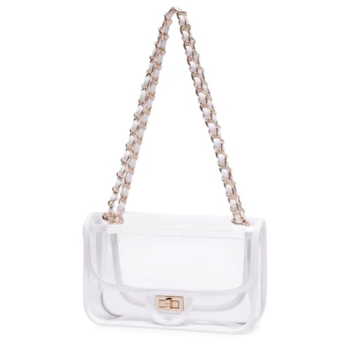 Image of Womens PVC Clear Purse Handbag with Chain Stadium Approved Clear Bag See Through Bag for Working and Concert