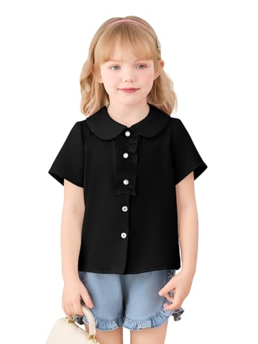 Haloumoning Toddler Baby Girls Short Sleeve Button Down Shirts Kids Peter Pan Collar School Uniform Blouse 9M-8Y, Black, 4-5 Years