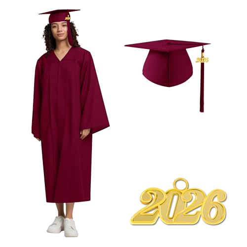 Image of Graduation Cap and Gown 2026 Matte Unisex for High School Bachelor | Heavyweight Matte Polyester, Zipper Closure, Adjustable Cap with 2026 Tassel, Sizes 39-60, Bulk Orders Available