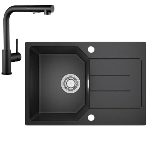 ANYCEE 78x45 cm Granitspüle mit Armatur, Spüle Schwarz mit Abtropffläche...