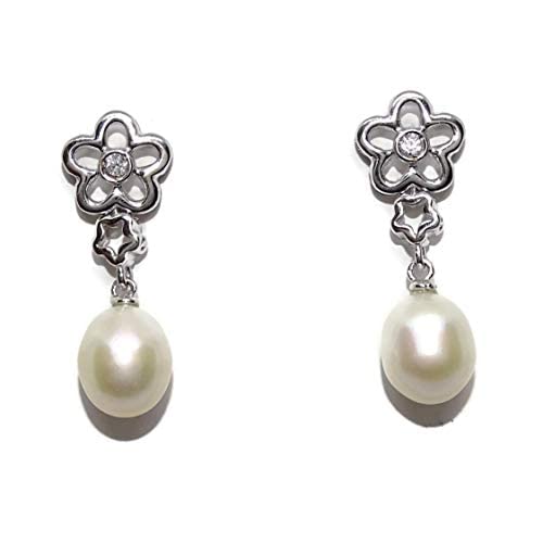Boucles d'oreilles or blanc 18k avec perles de culture 8mm et zircons