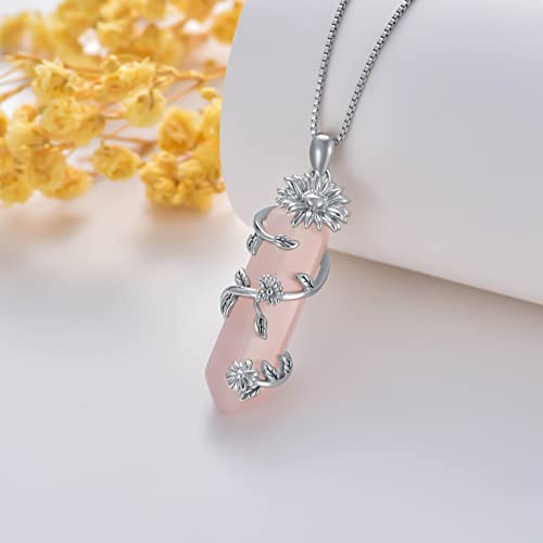Shusukue Healing Crystal Necklace 925 Sterling Silver Sunflower Pendant Necklace Natural Rose Quartz Crystal Necklace Hexagon Reiki Energy Stone Jewelry For Women Girls Men #TOP2